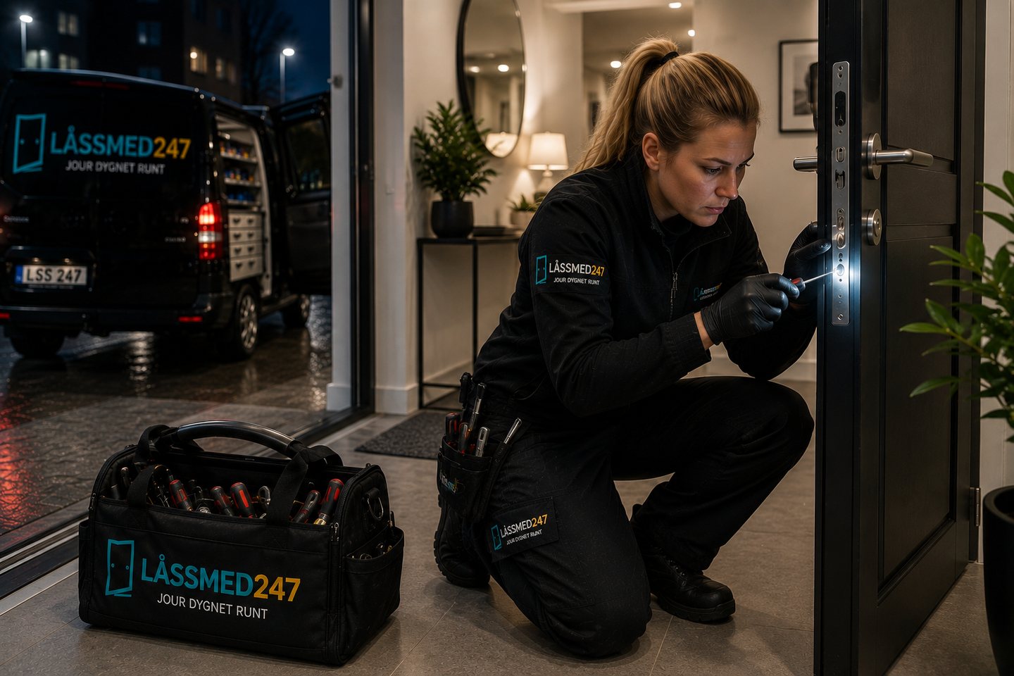 Kvinnlig låstekniker servar entrédörr under kvällstid